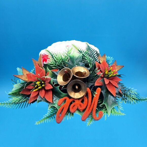 Vintage 1970s Santa Claus Wall Decor Bells & Flocked Poinsettias Noel Hong Kong - Picture 8 of 10